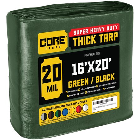 Core Tarps 20 ft L x 0.5 mm H x 16 ft W Heavy Duty 20 Mil Tarp, Green/Black, Polyethylene CT-703-16X20